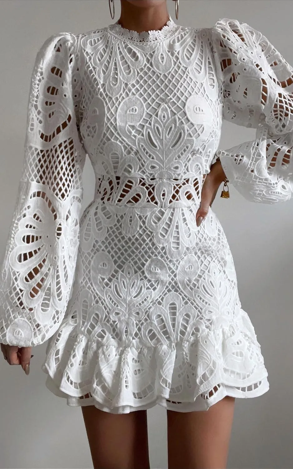 Women's Spring Long Sleeve Embroidery Mini Dress Ruffle Hollow Out Sexy Lace Dress