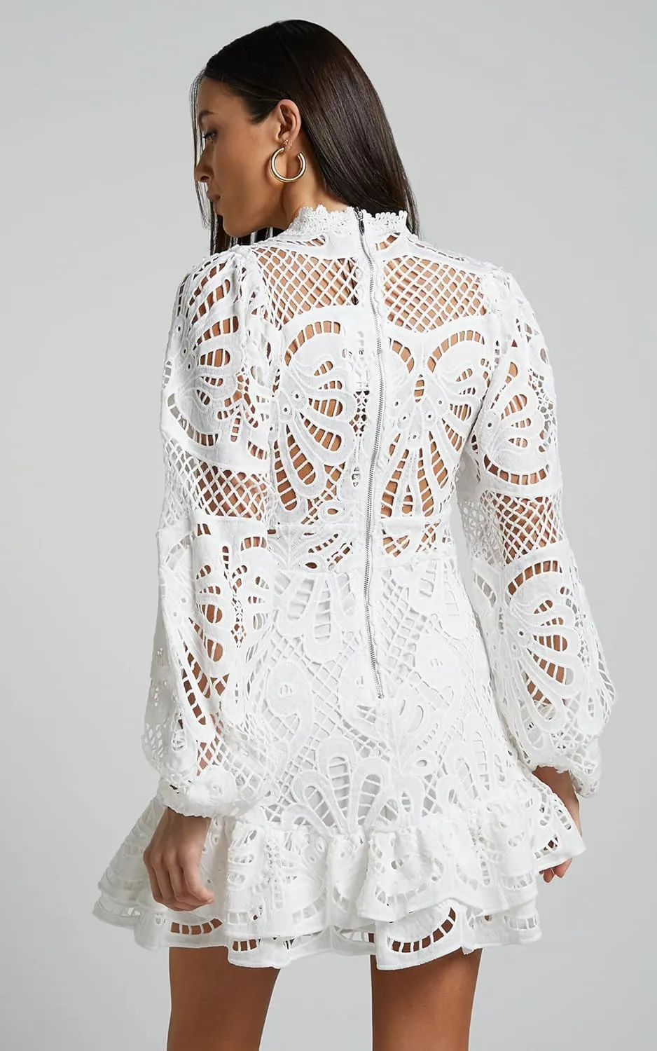 Women's Spring Long Sleeve Embroidery Mini Dress Ruffle Hollow Out Sexy Lace Dress