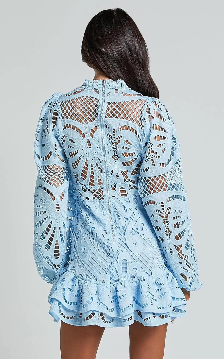 Women's Spring Long Sleeve Embroidery Mini Dress Ruffle Hollow Out Sexy Lace Dress