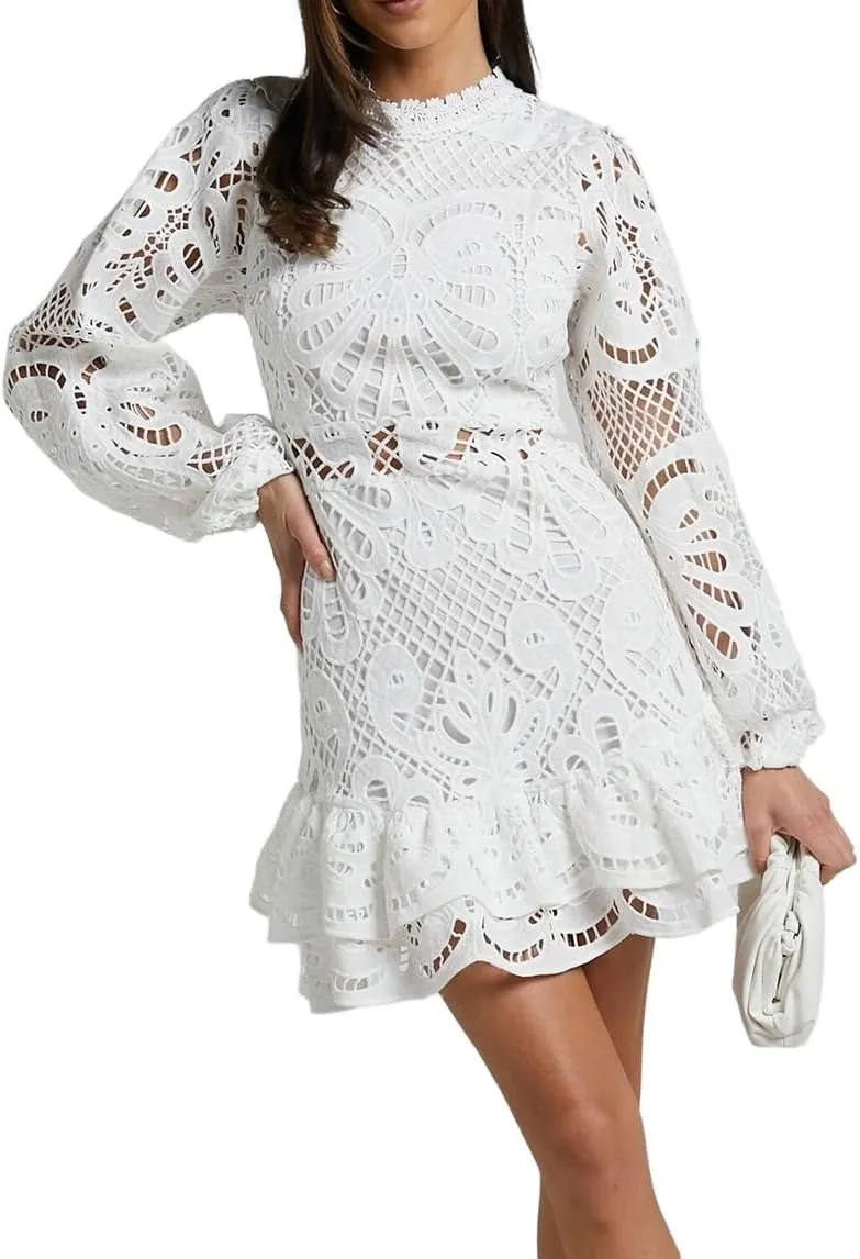 Women's Spring Long Sleeve Embroidery Mini Dress Ruffle Hollow Out Sexy Lace Dress