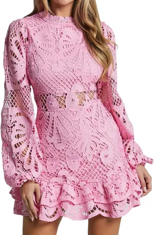 Women's Spring Long Sleeve Embroidery Mini Dress Ruffle Hollow Out Sexy Lace Dress