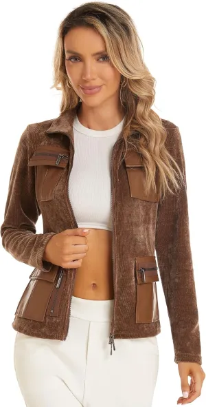 Women's Stand Collar Zip up Long Sleeve Jacket with Pockets