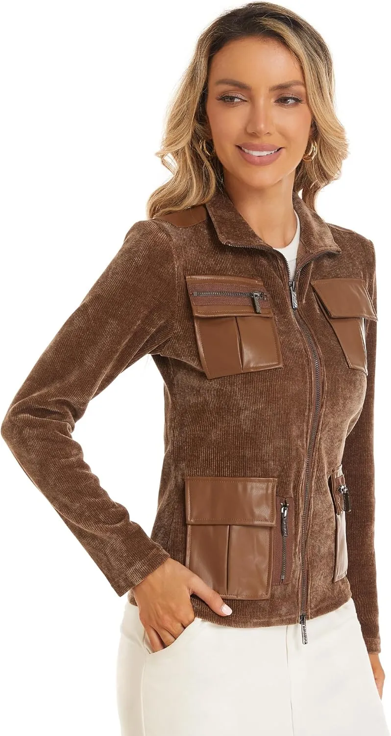 Women's Stand Collar Zip up Long Sleeve Jacket with Pockets