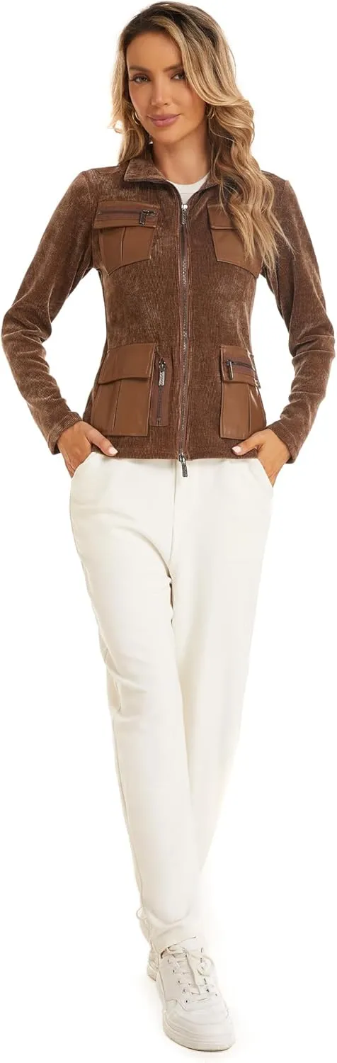 Women's Stand Collar Zip up Long Sleeve Jacket with Pockets