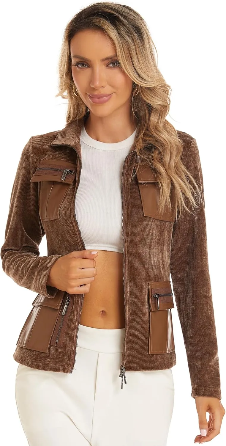 Women's Stand Collar Zip up Long Sleeve Jacket with Pockets