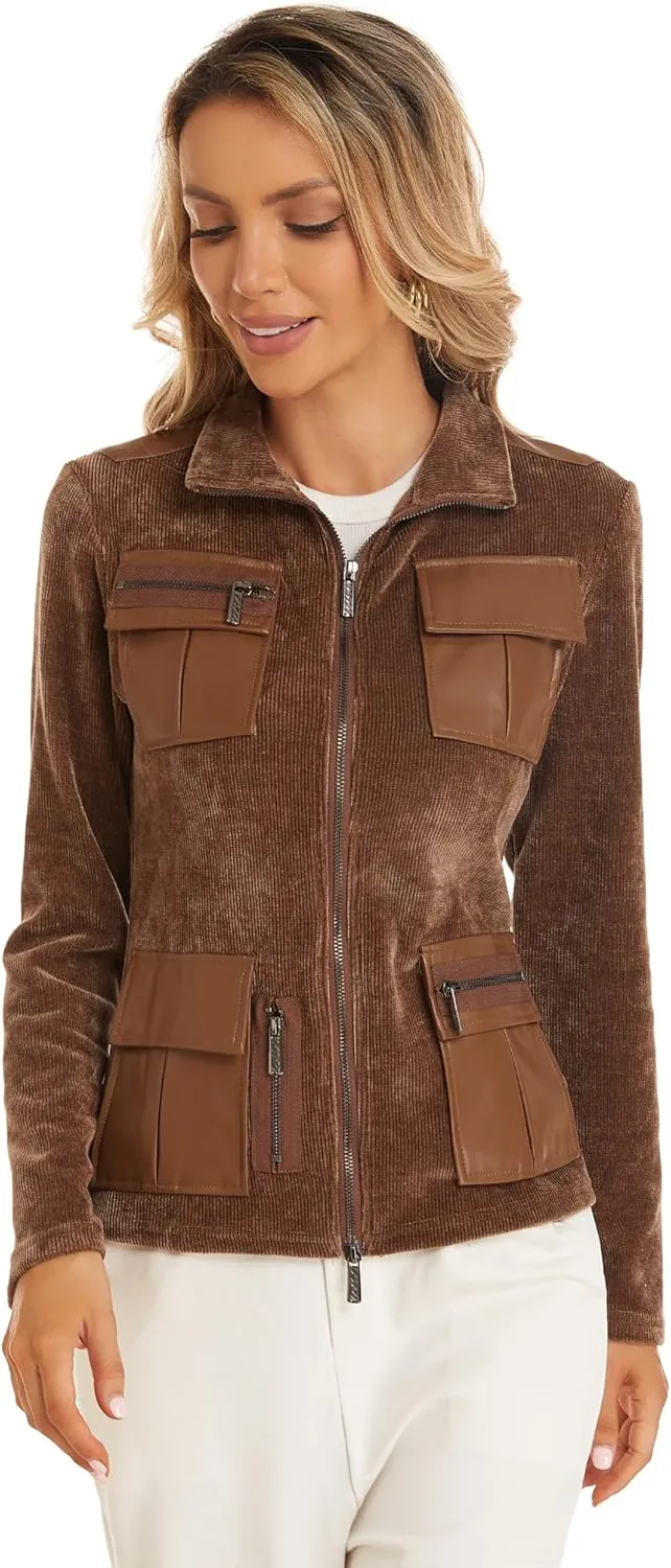 Women's Stand Collar Zip up Long Sleeve Jacket with Pockets