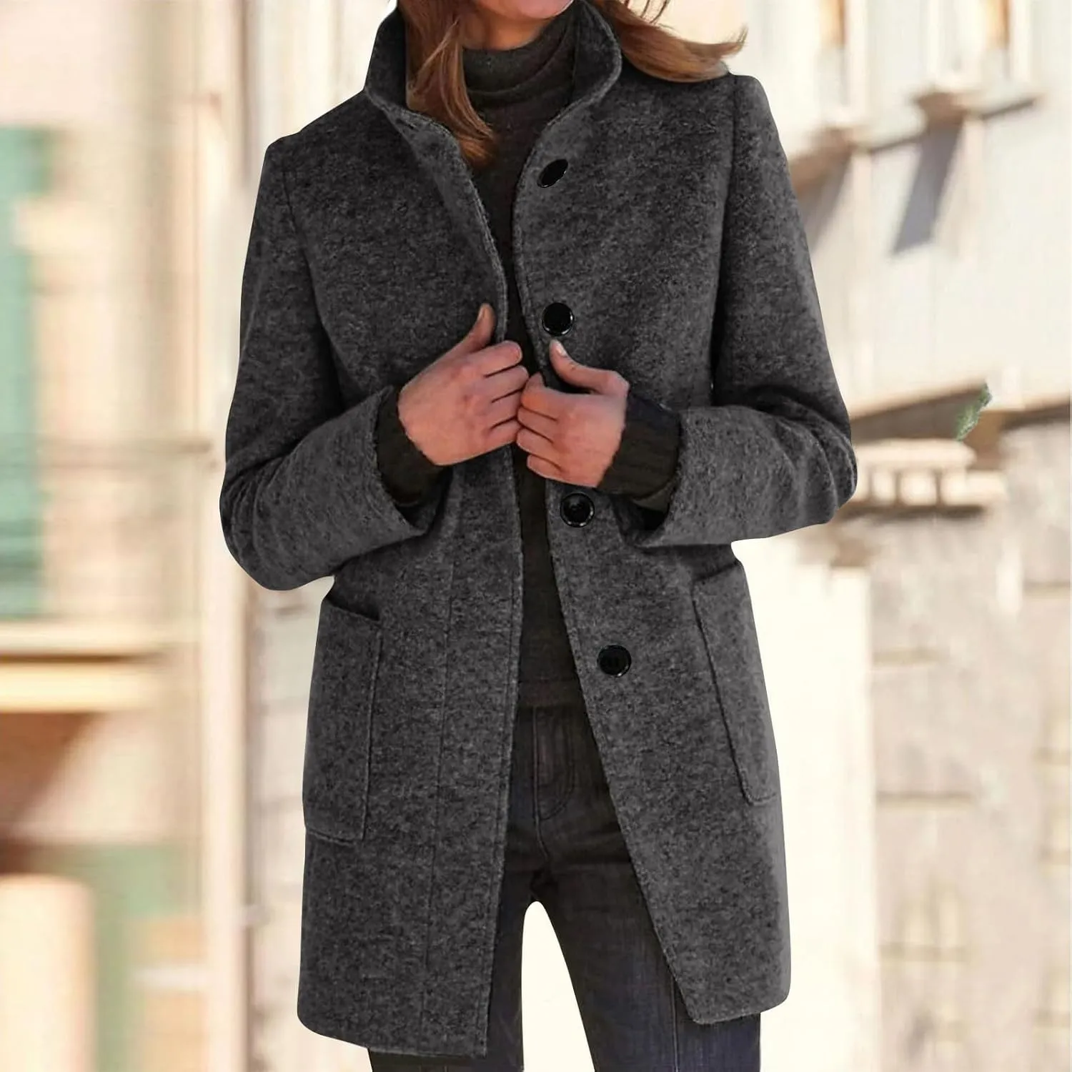 Women's Stand Up Collar Single Breasted Pea Coat Winter Casual Medium Length Trench Coat Solid Colour With Pockets Jacket