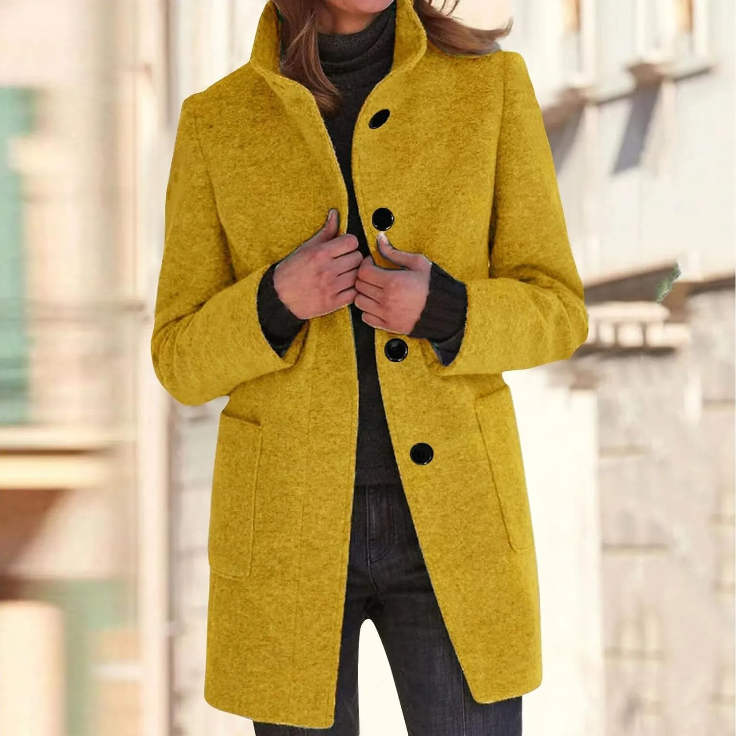 Women's Stand Up Collar Single Breasted Pea Coat Winter Casual Medium Length Trench Coat Solid Colour With Pockets Jacket