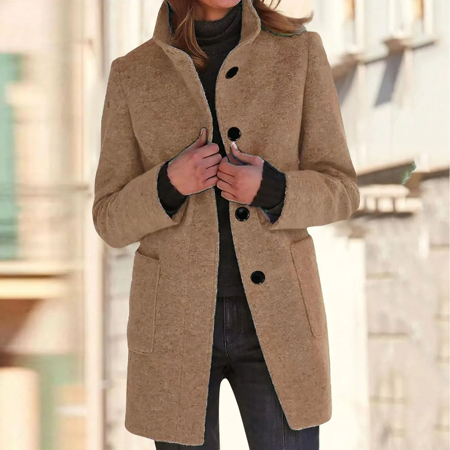 Women's Stand Up Collar Single Breasted Pea Coat Winter Casual Medium Length Trench Coat Solid Colour With Pockets Jacket