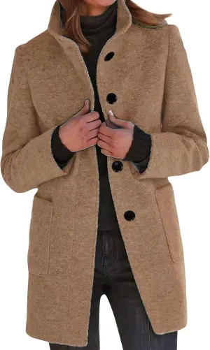 Women's Stand Up Collar Single Breasted Pea Coat Winter Casual Medium Length Trench Coat Solid Colour With Pockets Jacket