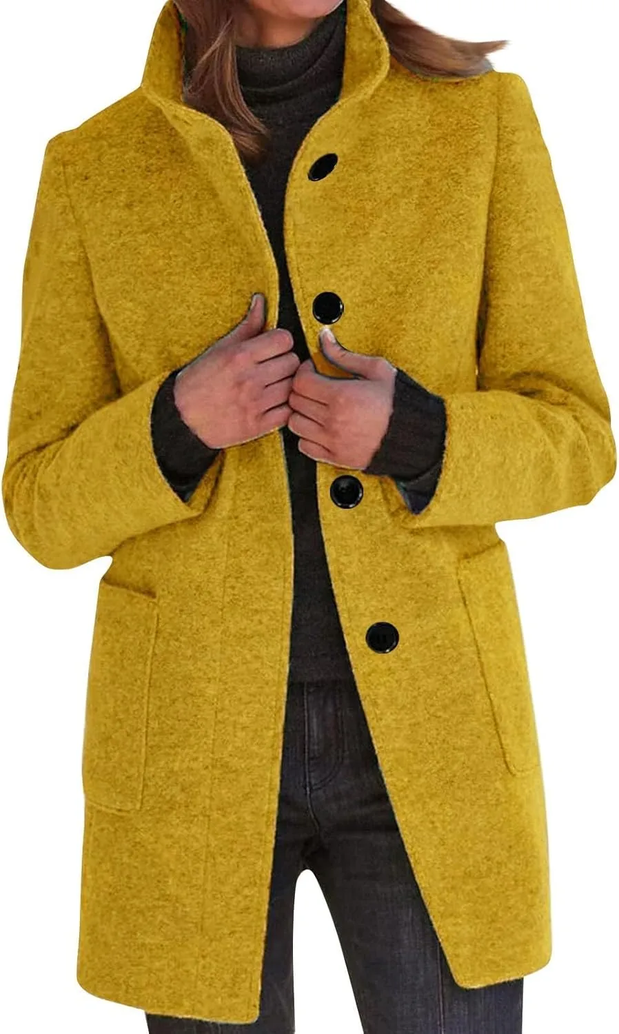 Women's Stand Up Collar Single Breasted Pea Coat Winter Casual Medium Length Trench Coat Solid Colour With Pockets Jacket
