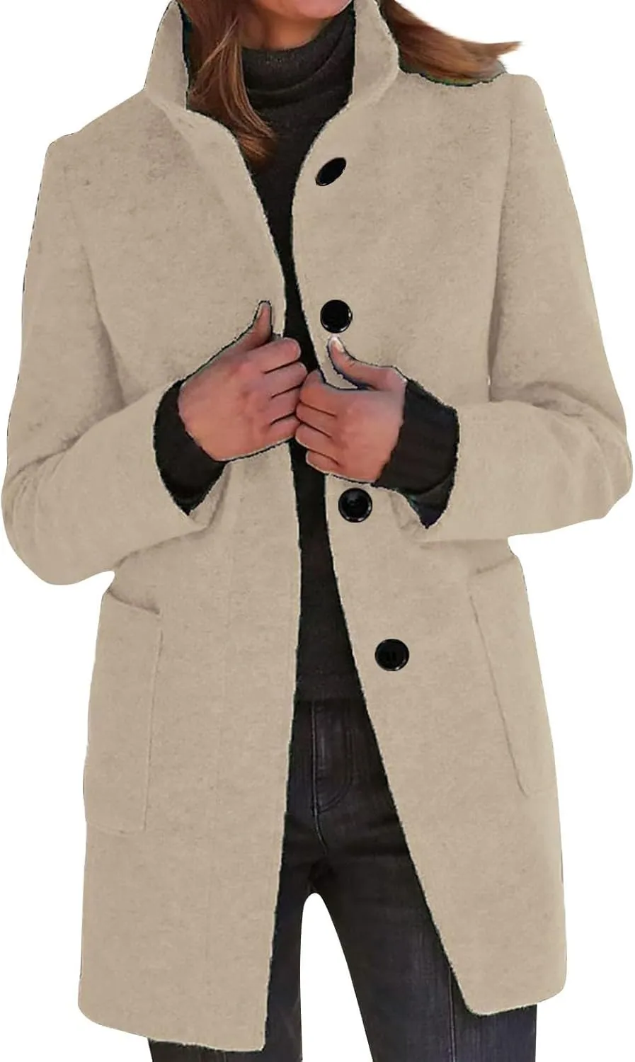 Women's Stand Up Collar Single Breasted Pea Coat Winter Casual Medium Length Trench Coat Solid Colour With Pockets Jacket