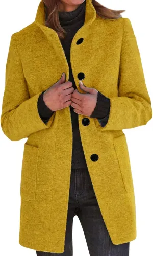 Women's Stand Up Collar Single Breasted Pea Coat Winter Casual Medium Length Trench Coat Solid Colour With Pockets Jacket