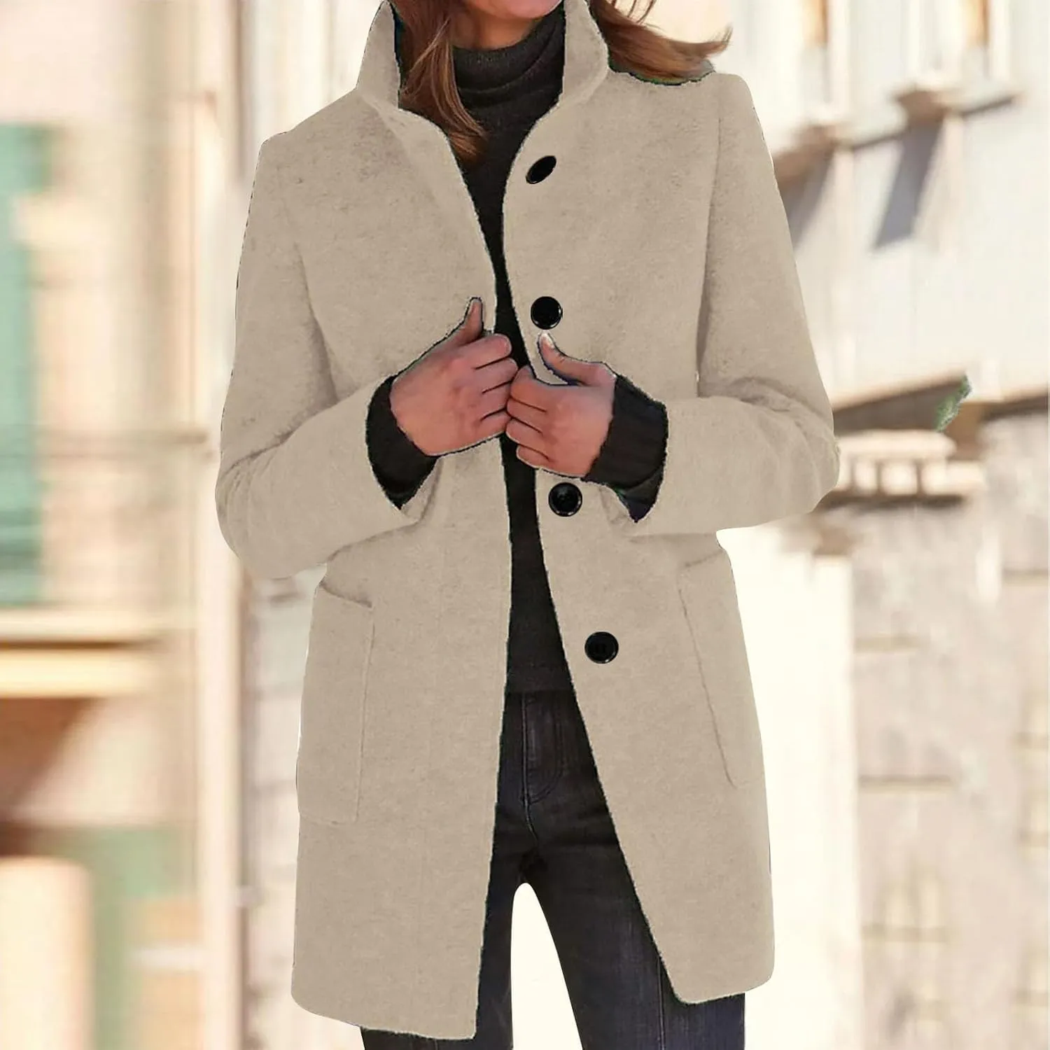 Women's Stand Up Collar Single Breasted Pea Coat Winter Casual Medium Length Trench Coat Solid Colour With Pockets Jacket