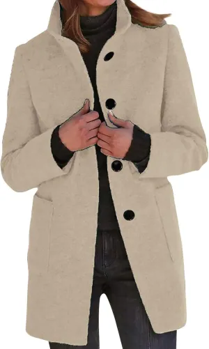 Women's Stand Up Collar Single Breasted Pea Coat Winter Casual Medium Length Trench Coat Solid Colour With Pockets Jacket