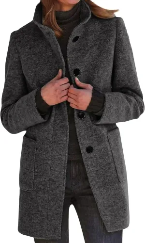 Women's Stand Up Collar Single Breasted Pea Coat Winter Casual Medium Length Trench Coat Solid Colour With Pockets Jacket