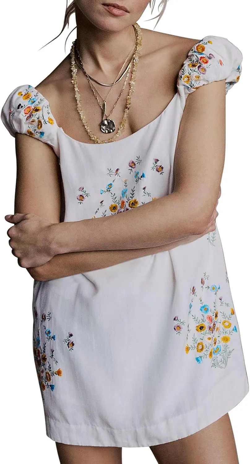 Womens Summer Casual Dresses Floral Embroidered Dress Wedding Guest Sundresses for Beach Vacation