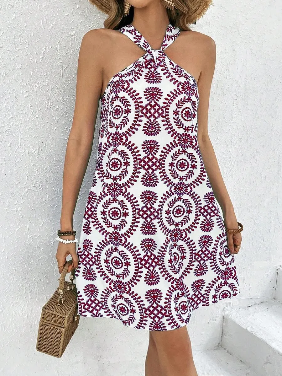 Women's Summer Dress Criss Cross Halter Dress Mini Beach Dress Tropical Leaf Printed Dress