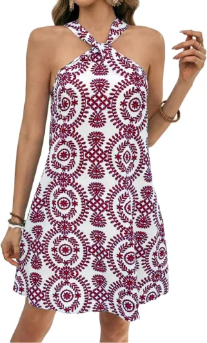 Women's Summer Dress Criss Cross Halter Dress Mini Beach Dress Tropical Leaf Printed Dress