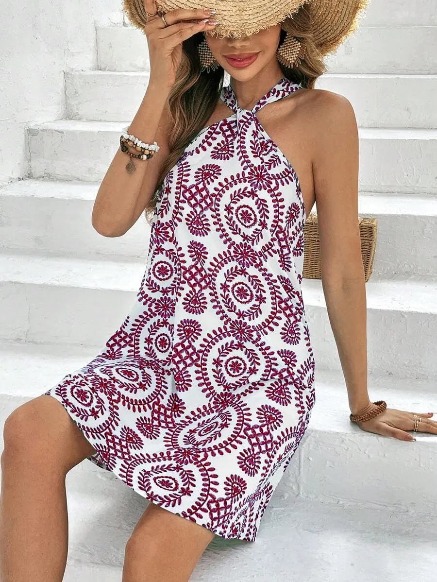 Women's Summer Dress Criss Cross Halter Dress Mini Beach Dress Tropical Leaf Printed Dress