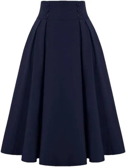 Women's Vintage Casual Long A-Line High Waist Skirt Elegant Double Breasted Large Swing Pleated Skirt