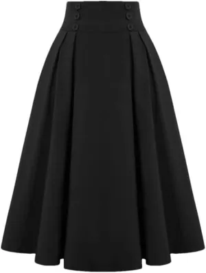 Women's Vintage Casual Long A-Line High Waist Skirt Elegant Double Breasted Large Swing Pleated Skirt