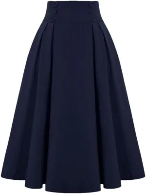 Women's Vintage Casual Long A-Line High Waist Skirt Elegant Double Breasted Large Swing Pleated Skirt