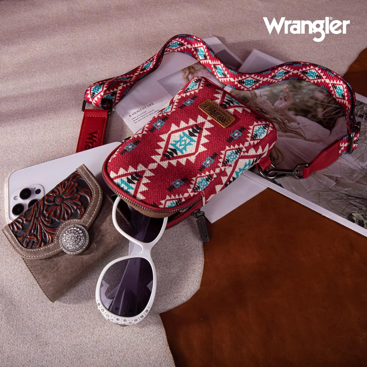 Wrangler Aztec Crossbody Sling Bags for Women Southwestern Print Purse with Detachable Strap