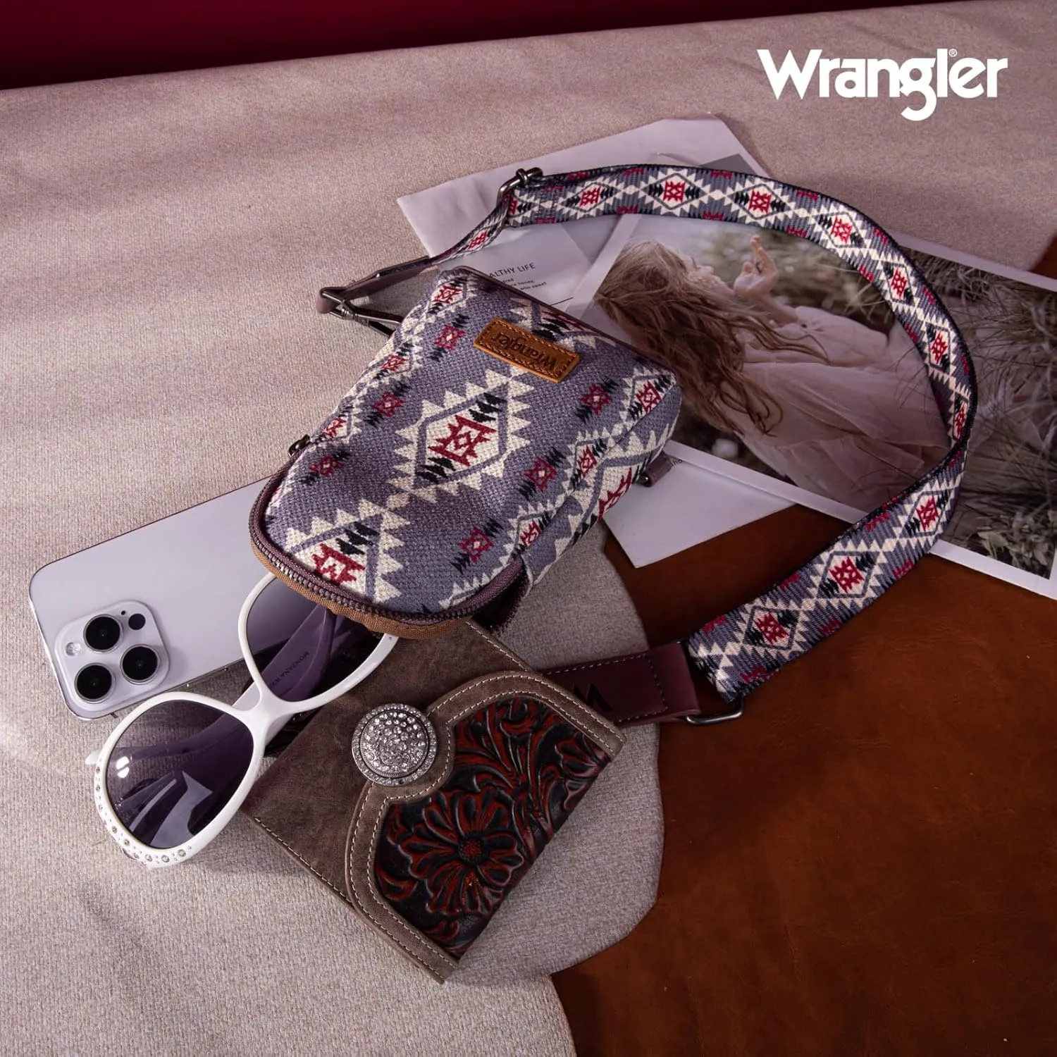 Wrangler Aztec Crossbody Sling Bags for Women Southwestern Print Purse with Detachable Strap