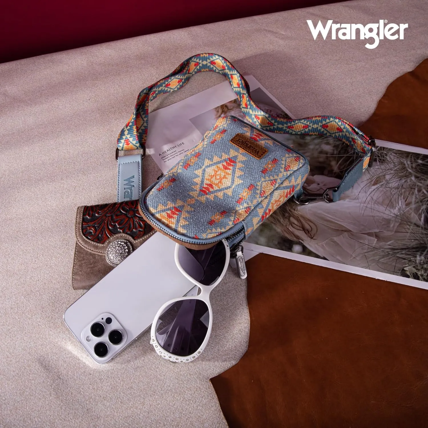 Wrangler Aztec Crossbody Sling Bags for Women Southwestern Print Purse with Detachable Strap