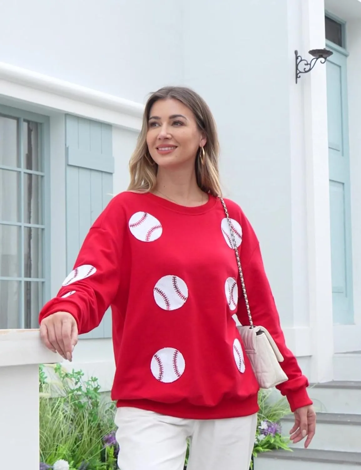 Xunger Womens Crewneck Long Sleeve Baseball Sequin Pullover Sweatshirt Loose Fit Casual Patches Gameday Tops