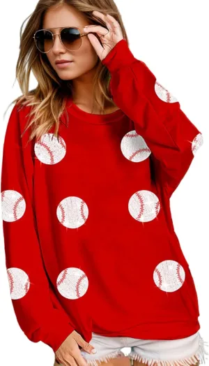 Xunger Womens Crewneck Long Sleeve Baseball Sequin Pullover Sweatshirt Loose Fit Casual Patches Gameday Tops