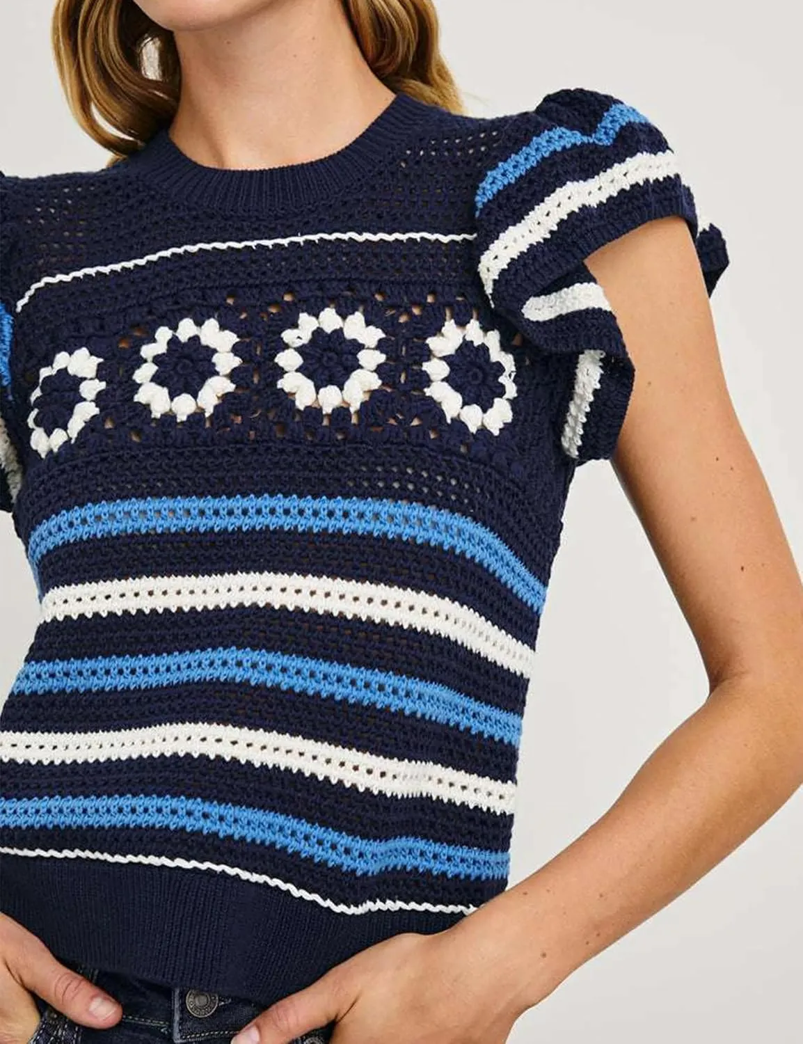 Yeokou Womens Crochet Sweater Top Short Flutter Sleeve Crew Neck Summer Casual Knit Tank Pullovers