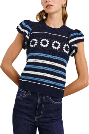 Yeokou Womens Crochet Sweater Top Short Flutter Sleeve Crew Neck Summer Casual Knit Tank Pullovers