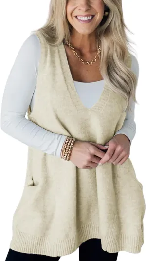 yoeasy Womens Sleeveless Sweater Vest Oversized V Neck Loose Knit Casual A Line Tunic Pullover Top with Pockets