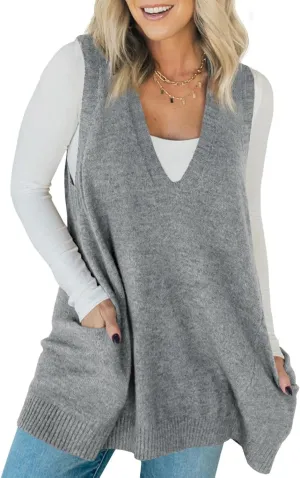 yoeasy Womens Sleeveless Sweater Vest Oversized V Neck Loose Knit Casual A Line Tunic Pullover Top with Pockets
