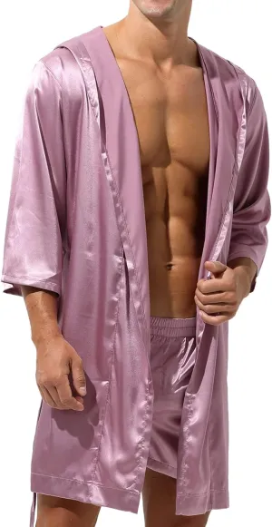 YUFEIDA Mens Satin Robe Silky Bathrobe with Shorts Lightweight Sleepwear Luxurious Pyjama Set Hooded Nightgown with Shorts