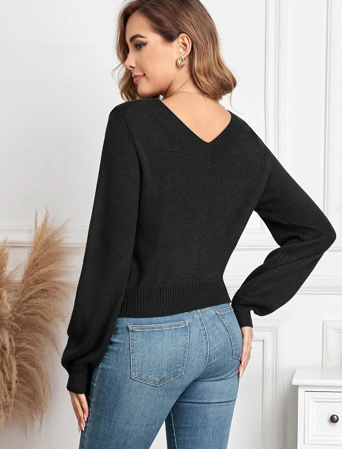 ZAFUL Women's Raglan Long Sleeve Double Side V Neck Short Sweater Casual Solid Cropped Knit Top Pullovers