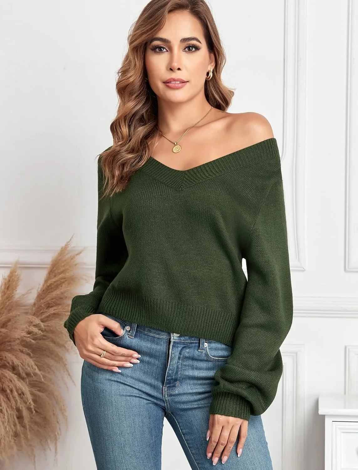 ZAFUL Women's Raglan Long Sleeve Double Side V Neck Short Sweater Casual Solid Cropped Knit Top Pullovers