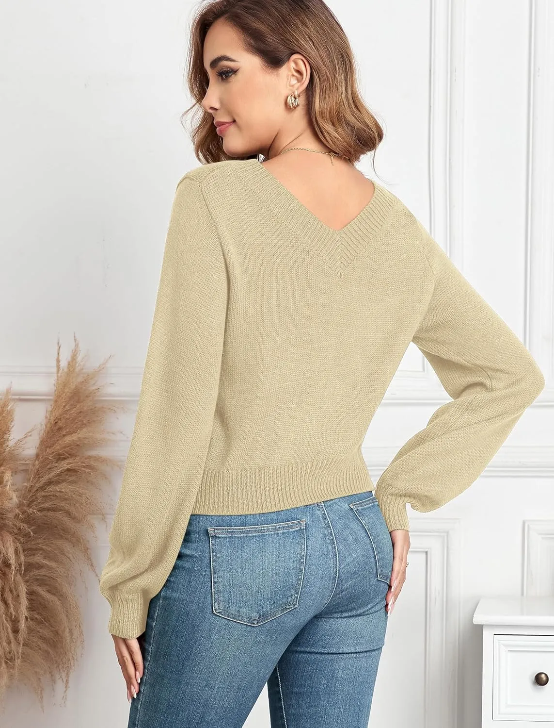 ZAFUL Women's Raglan Long Sleeve Double Side V Neck Short Sweater Casual Solid Cropped Knit Top Pullovers