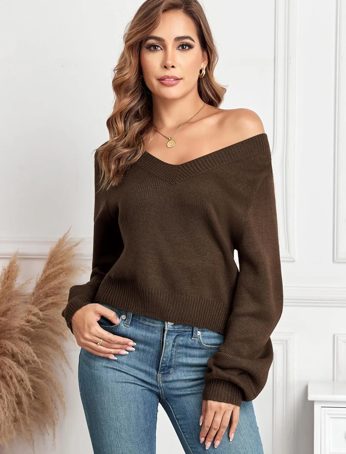 ZAFUL Women's Raglan Long Sleeve Double Side V Neck Short Sweater Casual Solid Cropped Knit Top Pullovers