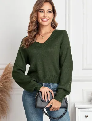 ZAFUL Women's Raglan Long Sleeve Double Side V Neck Short Sweater Casual Solid Cropped Knit Top Pullovers
