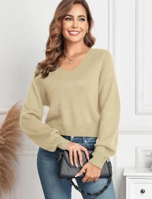 ZAFUL Women's Raglan Long Sleeve Double Side V Neck Short Sweater Casual Solid Cropped Knit Top Pullovers