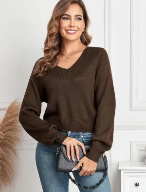 ZAFUL Women's Raglan Long Sleeve Double Side V Neck Short Sweater Casual Solid Cropped Knit Top Pullovers