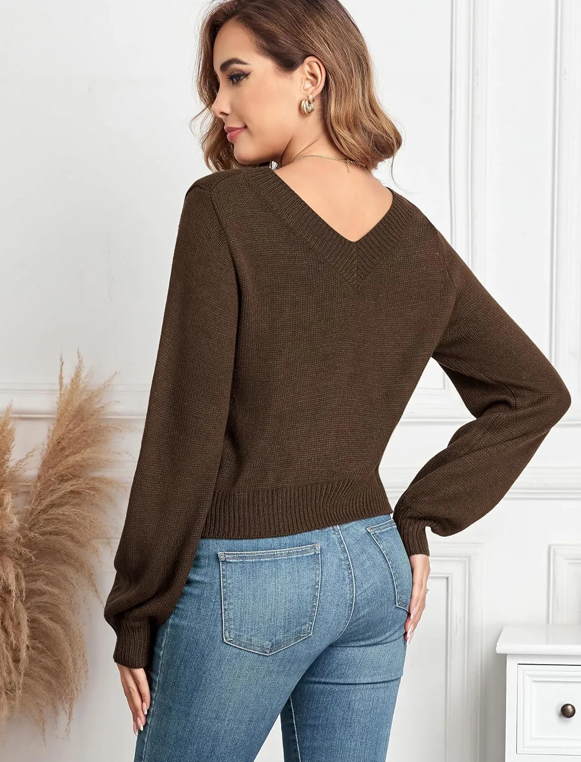 ZAFUL Women's Raglan Long Sleeve Double Side V Neck Short Sweater Casual Solid Cropped Knit Top Pullovers