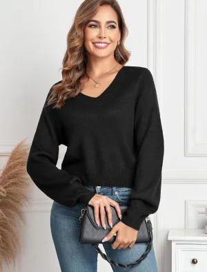 ZAFUL Women's Raglan Long Sleeve Double Side V Neck Short Sweater Casual Solid Cropped Knit Top Pullovers