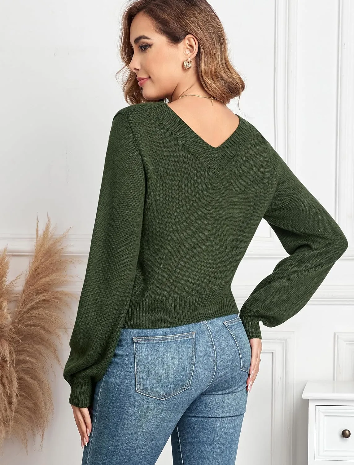 ZAFUL Women's Raglan Long Sleeve Double Side V Neck Short Sweater Casual Solid Cropped Knit Top Pullovers