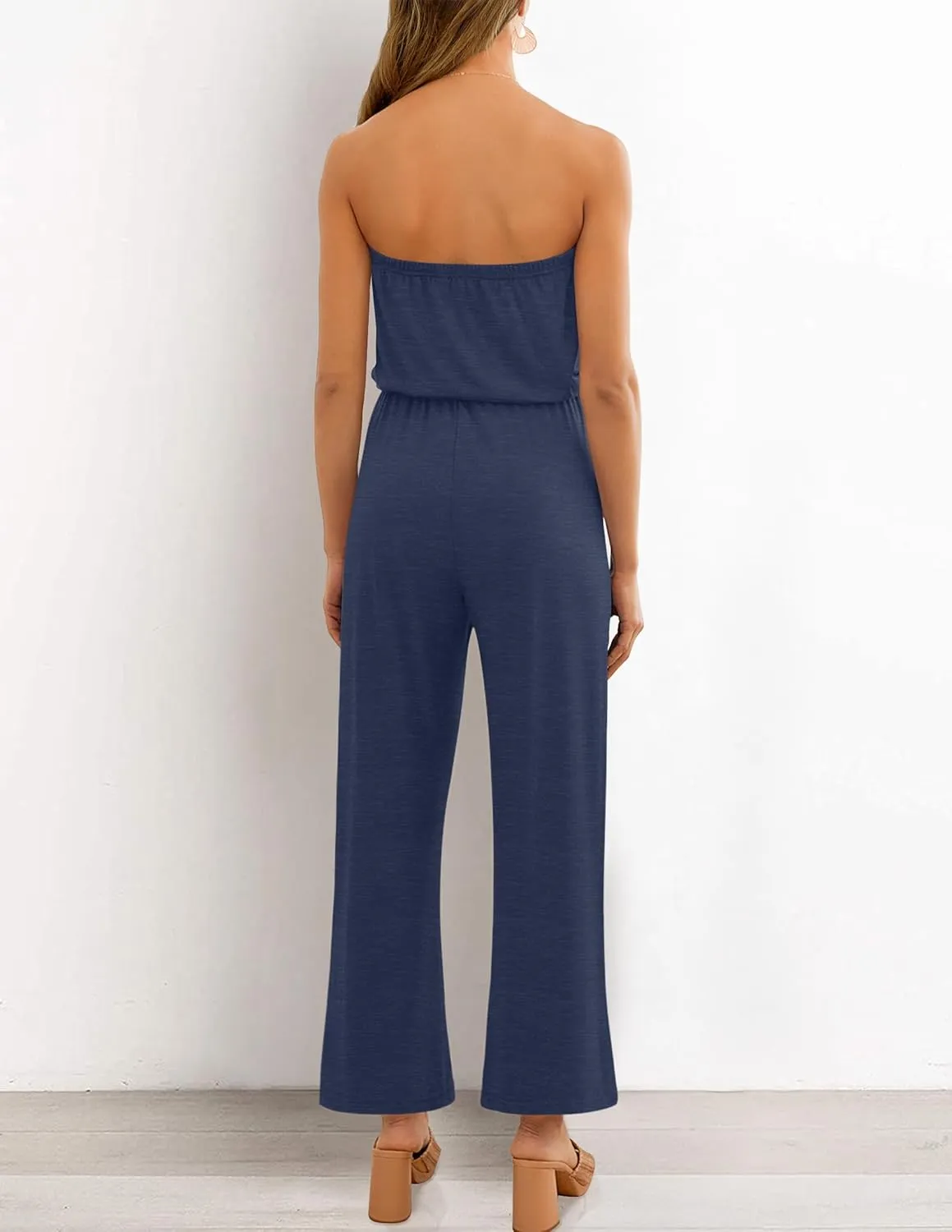 ZESICA Women's Casual Off Shoulder Solid Color Strapless Belted Wide Leg Jumpsuit Romper