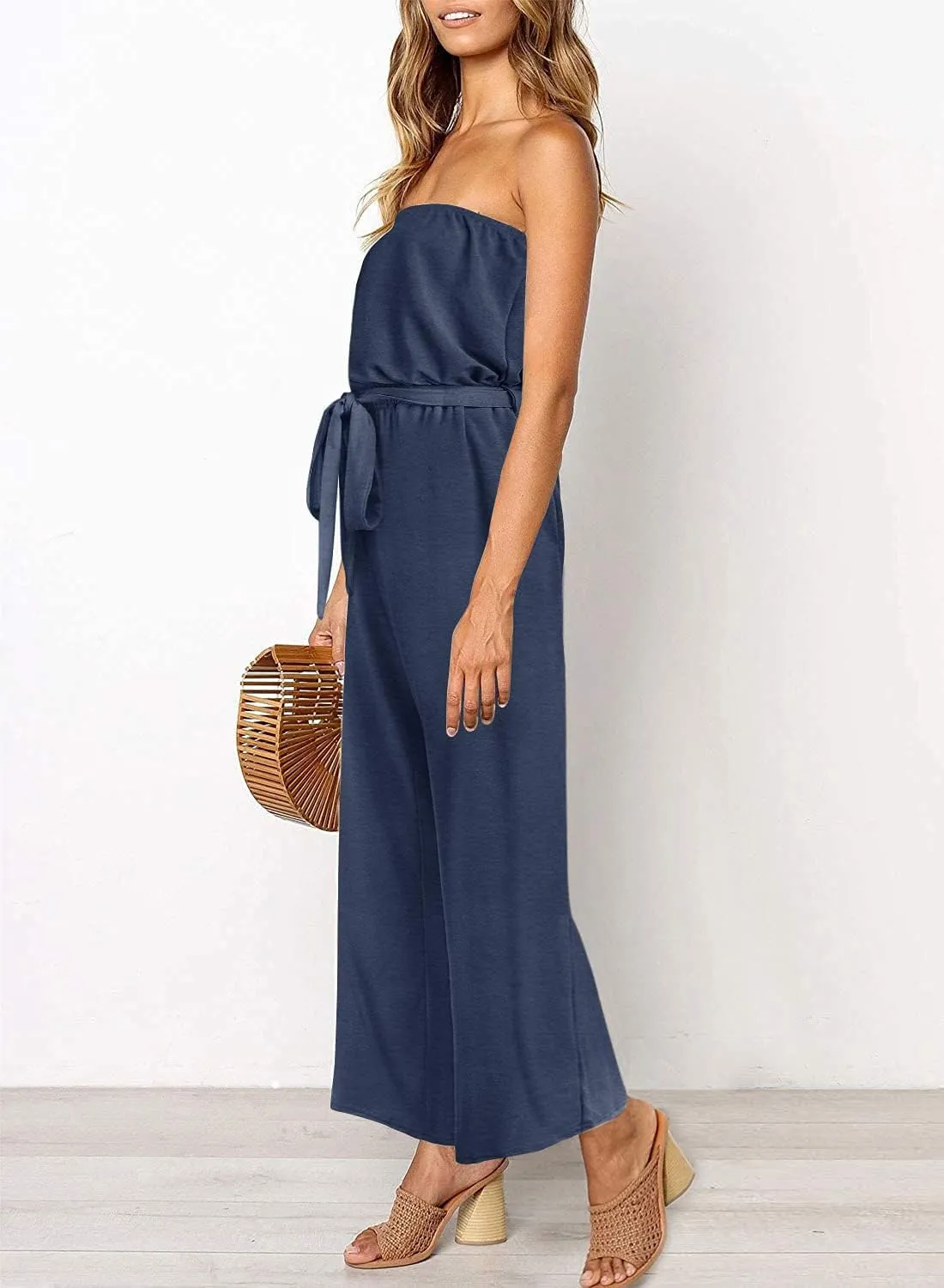 ZESICA Women's Casual Off Shoulder Solid Color Strapless Belted Wide Leg Jumpsuit Romper
