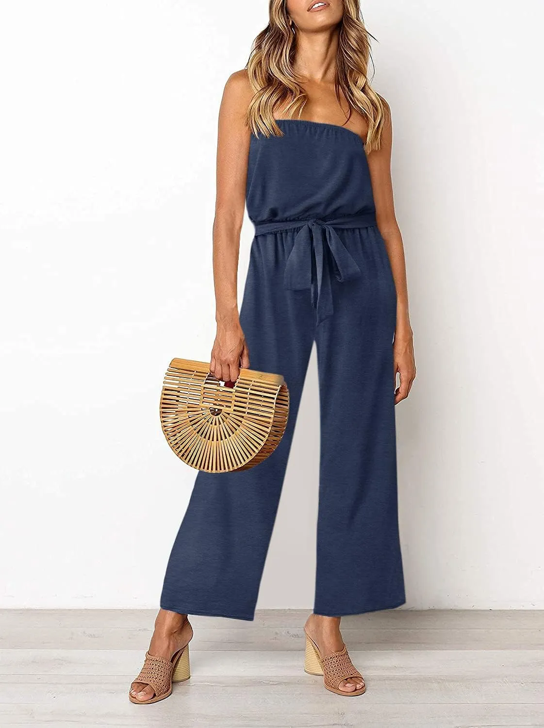 ZESICA Women's Casual Off Shoulder Solid Color Strapless Belted Wide Leg Jumpsuit Romper